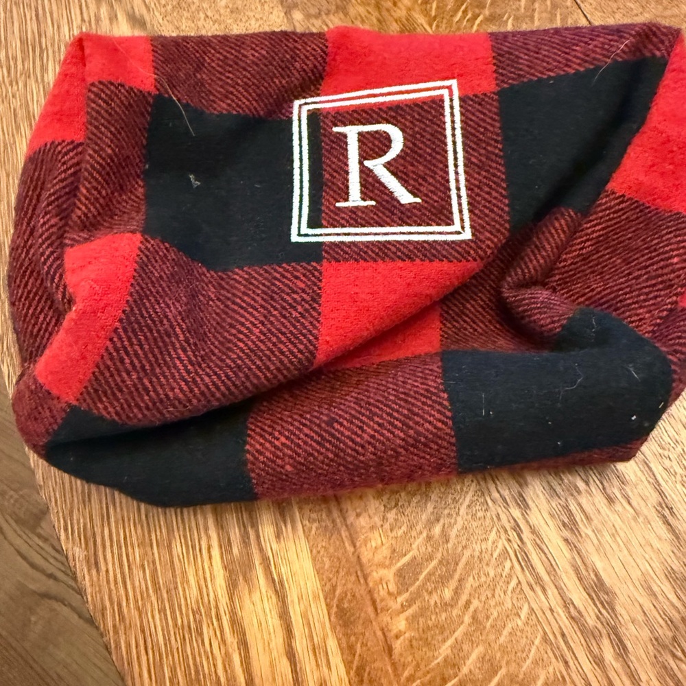 Red and Black Plaid make up bag with R Logo